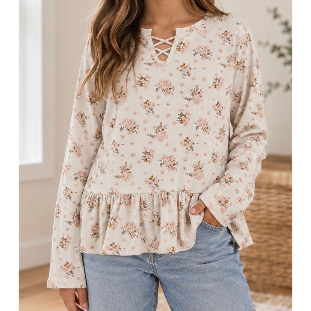 Daytrip Youth Girls XL Floral Lace Up Peplum Top Long Sleeve Cream Pink XL